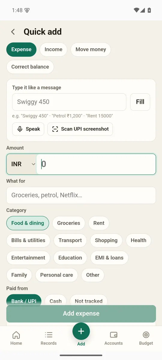 Quick add screen with a message box, Speak and Scan UPI screenshot buttons