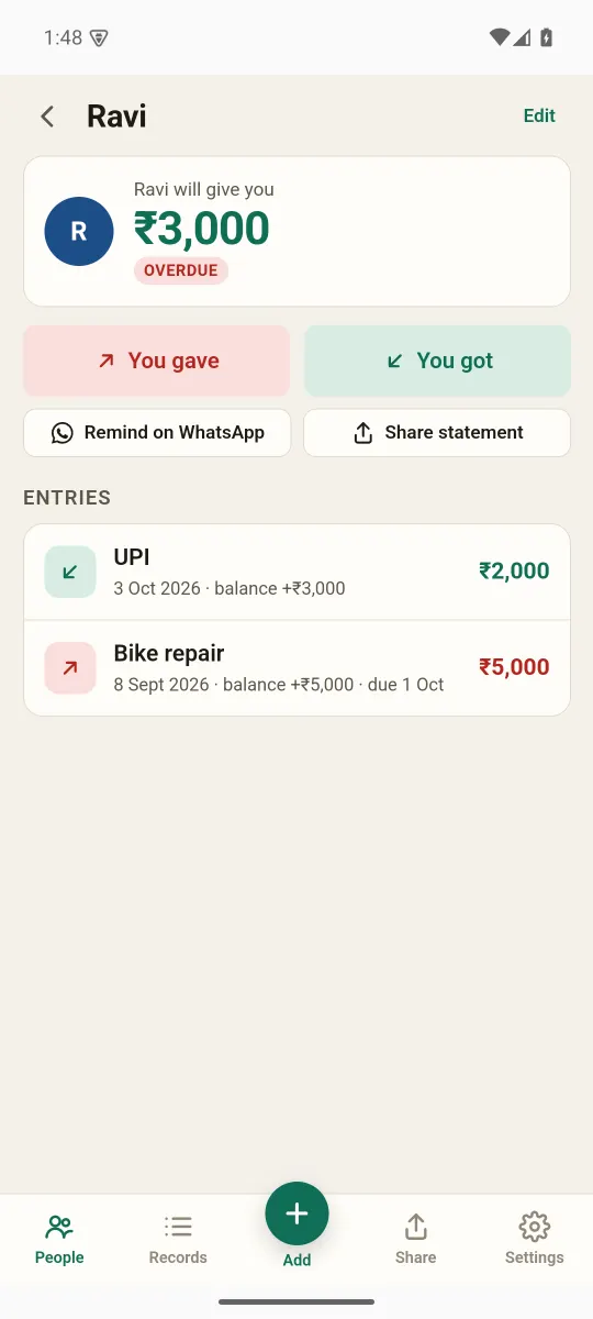 Khata screen showing Ravi will give you ₹3,000, with You gave and You got buttons